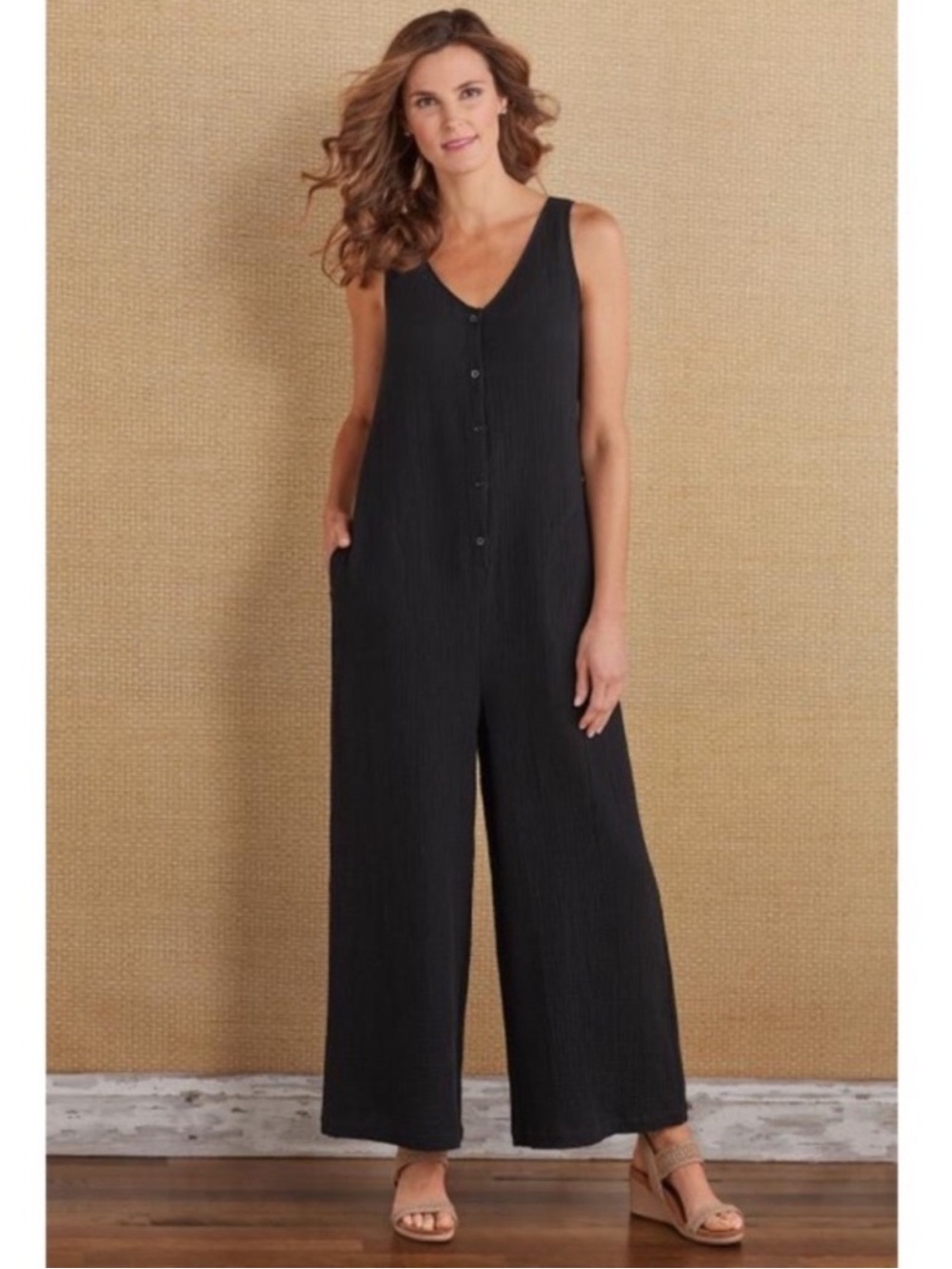 Soft Surroundings Black Harper Gauze Wide-Leg Jumpsuit - Size Medium